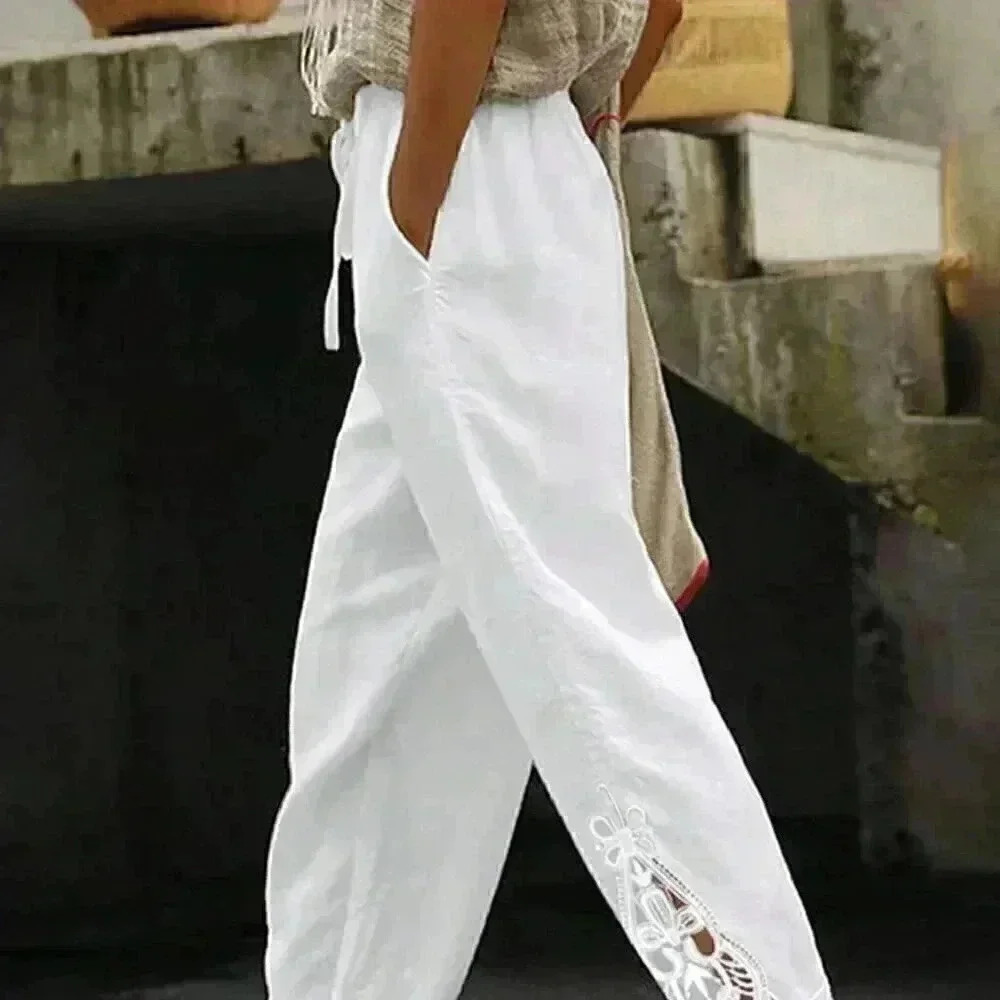 Boho Women's Patchwork Elastic Waist Slant Pocket Straight Leg Pants White